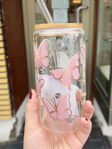 Handcrafted Printed Glass Cups, UV DTF Glass cup, Pink Butterfly