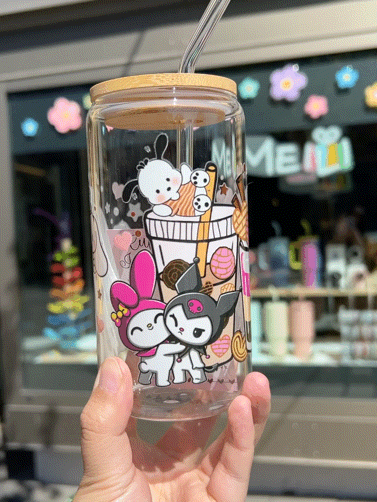 Handcrafted Printed Glass Cups, UV DTF Glass cup, Sanrio Family And Friends
