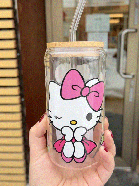 Handcrafted Printed Glass Cups, UV DTF Glass cup, Hello Kitty
