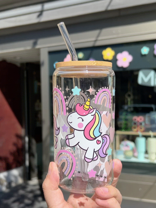 Handcrafted Printed Glass Cups, UV DTF Glass cup, Unicorn