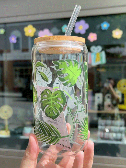 Handcrafted Printed Glass Cups, UV DTF Glass cup, Green Plants