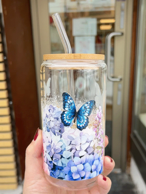 Handcrafted Printed Glass Cups, UV DTF Glass cup, Blue Butterfly