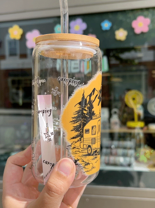 Handcrafted Printed Glass Cups, UV DTF Glass cup, Camping Caravan