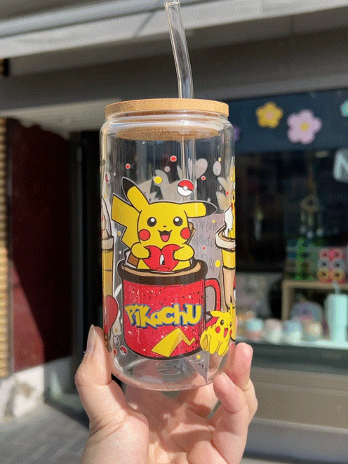 Handcrafted Printed Glass Cups, UV DTF Glass cup, Pikachu