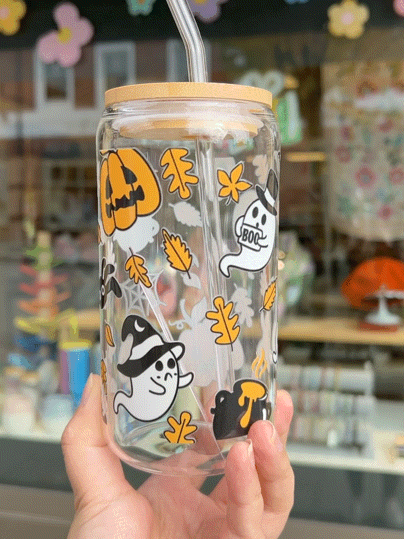 Handcrafted Printed Glass Cups, UV DTF Glass cup, Halloween Pumpkin And Ghost