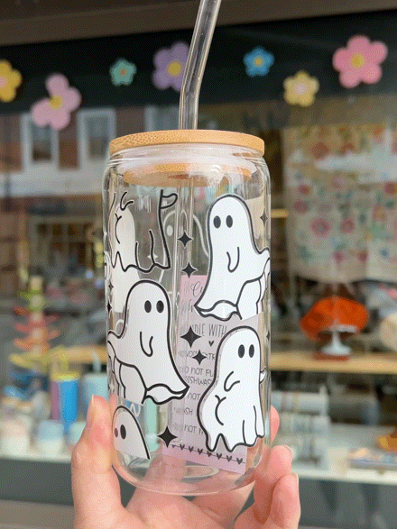 Handcrafted Printed Glass Cups, UV DTF Glass cup, Halloween Ghosts