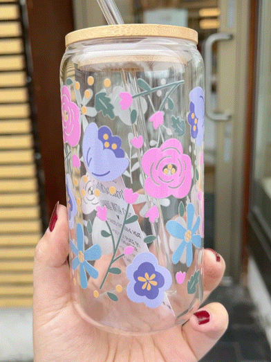 Handcrafted Printed Glass Cups, UV DTF Glass cup, Flowers