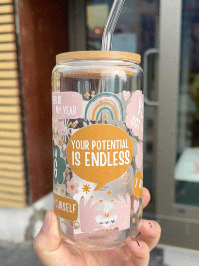 Handcrafted Printed Glass Cups, UV DTF Glass cup, Your Potential Is Endless